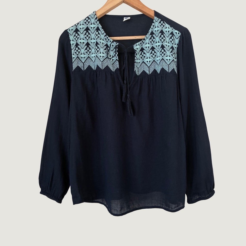 Old Navy Womens Navy Blue Embroidered Tassel Peasant Blouse Top M Boho
